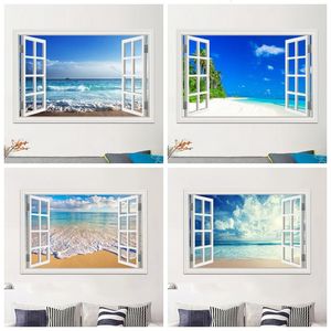 Blue Beach Nature Sky 3D Window View Wall Sticker PVC Sea Landscape Vinyl Decal Room Decor Selfadhesive Wallpaper Picture 240528