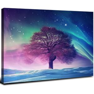 Aurora Canvas Wall Art, Purple Tree and Colorful Aurora Print Northern Lights Picture Poster for Living Room Bedroom Decor