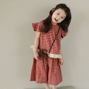 2023 Summer New Girls 'Plaid Set Plaids Personalizzato Piccola manica corta volante+ pantaloni a gamba larga abito di moda abito l2405