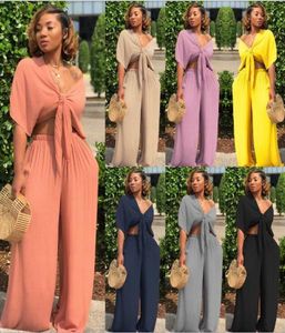 Plus Size Sexy Two Piece Set Women Outfits Bow Tie Topswide Ben Pants Suits Casual Clothes Solid Color Matching Sets17331604