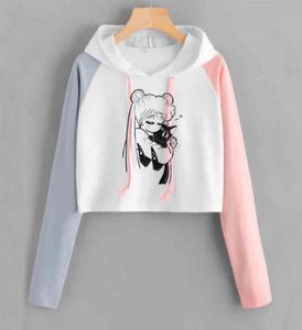Crop Hoodies Sweatshirts Women Kawaii Clothes Long Sleeve Harajuku Sailor Moon Cat Copped Hoodie for Ladies Gils Y2007069117633