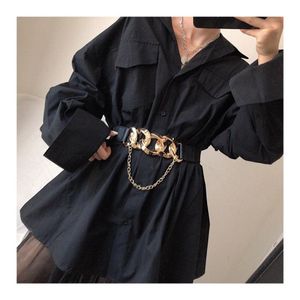 Gold Big Chain Buckle Tassel Belts for Women Coat Solid Wide Elastics Dress Dress Black Stretch Cummerbund Acessórios de festa 215E