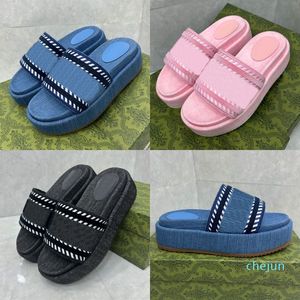 15a Denim Slippers Designer Slides Women Platform Sandals Letter Embroidery Stripe Rubber Sole Summer Beach Slipper Casual Shoes Round Head Comfort Room Sliders