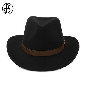 FS 2020 Ladies Winter Cotton Black Vintage Trible Felt Fedora Hat For Men Wide Brim Cowboy Style With Leather Belt Jazz Cap 301G