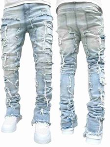 Męskie dżinsy regularne fit ułożone w strefie Zwyciężone zniszczone proste ubrania swobodny jean streetwear