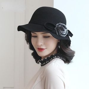 Stingy Brim Hats 2021 Winter High Quality 100% Australia Wool Lady Hat With Fur Flower Women Bowknot Floppy Felt Fedora 281y