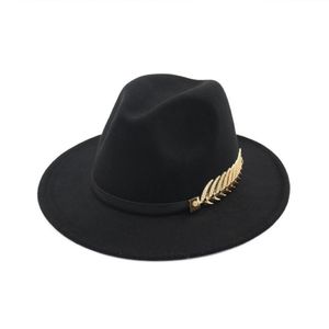 Fedora hatt män för kvinna ull topp brittisk stil guld blad fjäder jazz goth hattar designer bröllop brett gräl 287z