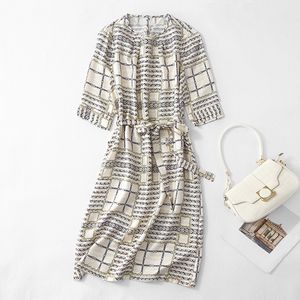 2024 Summer Apricot Chains Print Belted Dress 1/2 Half Sleeve Round Neck Silk Midi Casual Dresses C4A2390303