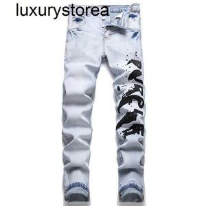 New Fashion Trend Blue Printed Jeans Mid-Waist Stretch Casual Slim Mens Denim Casual Pants