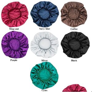 Beanie/Skull Caps Excharg Large Women Girl Pure Color Satin Satin Night Sleep Bonnet Hat Elastic Wide Band Hair Care Drop Delivery Acc Dhemd