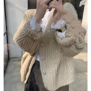 Kvinnors stickor Autumn Casual Sweater Coat Women Harajuku Loose Warm V Neck Sticked Cardigan Lady Fashion Folic Color Long Sleeve Knitwear