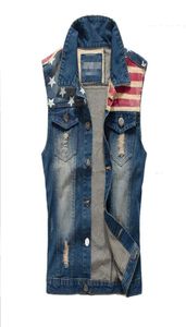 Brand Mens Denim Vest Men Cowboy Ripped Sleeveless Vintage Jacket Tank Spring Usa Flag Washed Jeans Vest Plus Size M5XL3332113