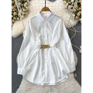 Spring and Autumn New Chic Loose Lace up Single breasted Shirt Skirt Womens Casual Design Sense Top