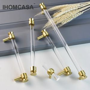 IHOMCASA Gold Brass T-Bar Furniture Handles Bathroom Dresser Cupboard Drawer Door Knobs Kitchen Cabinet Pulls Acrylic Crystal