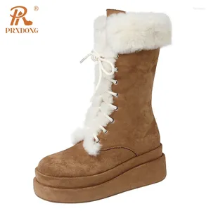 Boots PRXDONG Genuine Leather Shoes Woman Warm Snow Wedges Heels Platform Black Brown Real Fur Dress Casual Female Ankle