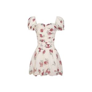 フローラル刺繍ドレスバーブチルフレンチドーパミン油絵バブルスリーブバッドスカート花柄の半袖女性スタイルとギフトボックスアプリコットカラー