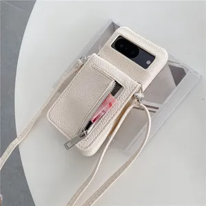 Crossbody Litchi Grain Folio Zipper Vogue Phone Case for Google Pixel 8 8Pro 8A 9 9Pro 9A 7 7Pro 7A 6 6A 6Pro Lanyard Strap Card Slot Leather Wallet Chain Bracket Shell