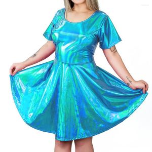 Bras Sets Fashion Holographic Laser Short Pleated Dress Sexy Bow Hollow Out Back A-line Womens High Waist Shiny Metallic Mini