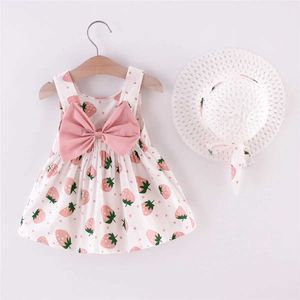 Girl's Dresses Summer New Baby Girls Dress Bow Sweet Princess Halter Strawberry + Hat Birthday Party H240527 MJOX