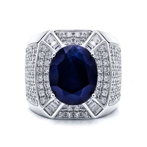 Hailer Jewelry Pure Real White Gold Moissanite Diamond 5Ct Blue Sapphire Mens Finger Engagement Wedding Ring