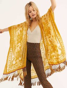 Basic Casual Dresses WeHello Burnout velvet kimono womens luxurious and fashionable long cardigan with fringe beach cover holiday cardigan J240527