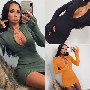 Women Winter Fall Bodycon Ribbed Dress 2021 New Stand Collar Dxhet Djup V-ringning Solid Stretch Bodycon Pencil Party Mini Vestido 2588