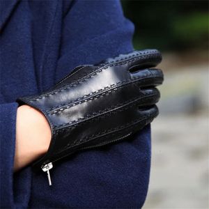 Real Leather Women Gloves Fashion Wrist Zipper Thermal Autumn Winter Classic Black Lambskin Driving Female XC111 240428