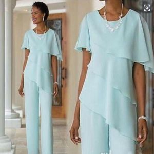 2019 New Mint Mother of the Bride Dresses Wedding Guest Dress Silk Chiffon Short Sleeve Tiered Mother of Bride Pant Suits Custom Made 296C