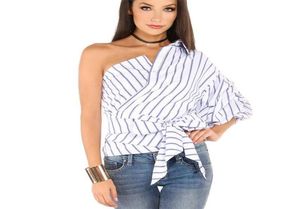 Sexy women shirts Irregular oblique shoulder striped shirt Spring summer autumn ladies clothing Chic personality blouses318I1763147