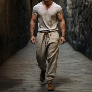 Men's Pants Casual Summer Mid Waist Lace-up Long Men Clothing 2024 Solid Color Baggy Sweatpants Pockets Fashionable Trousers Man
