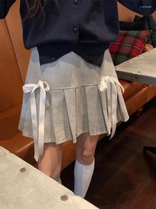 スカートコロボフプレッピースタイルスウィートボウタイハイウエストアインラインプリーツスカート韓国ファッションウール女性衣類ファルダ