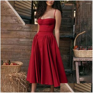 Basic Casual Dresses Women Summer Bandeau Sling Dress Corset Design Loose Hem Pockets A-Line Midi Solid Color Party Evening Drop D Dhbfa