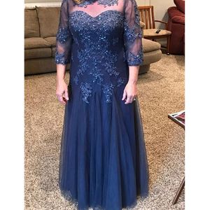 Niebieska matka panny młodej sukienki A-line 3 4 rękawy aplikacje tiule z koralikami Plus w rozmiarze Długo panoramiczny sukienka matka na wesele 2927