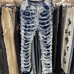 Blue 2023SS High Street Denim Pants skórzane mężczyźni rozciąganie stóp moda swobodne dżinsy męskie 2739