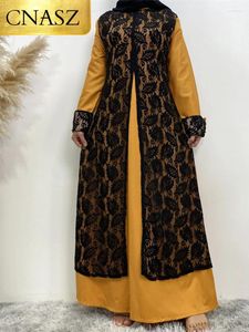Abbigliamento etnico alla moda ABAYA Eleganti abiti gialli a manica a pizzo nero arabico per donne vestiti musulmani