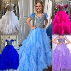 Bubblegum Girl Pageant Dress Feather Crystal Pearl Tiered Tulle Little Kid Fun Fashion Runway Drama Cocktail Party Gown Toddler Teen Preteen Miss Lilac Light-Blue