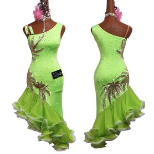 Latin dansklänning fluorescerande grön rumba cha cha samba tango glänsande strass broderi tävlingsklänningar visar slitage dn48611 338x