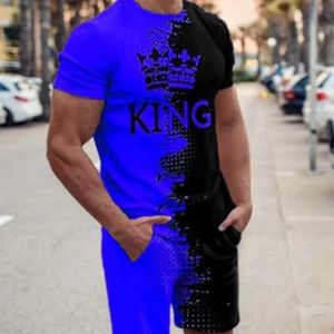 Herrspår 2023 Summer Retro Style Mens Casual Sweatshirt T-shirt kostym Vintage Fashion Crown Mönster Tryckt kortärmad topp och shorts Q240527