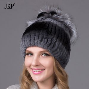 Winter fur hat for women real rex fur hat with silver flower knitted beanies cap 300e
