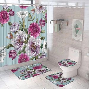 Shower Curtains Vintage Floral Rustic Curtain Set Plant Flower Leaves Art Bathroom Non-Slip Bath Mat Carpet Rug Toilet Lid Cover