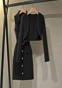 Women039s Wool Blends Dressed professional women039s suit fine fit short blazer jacket top midi pencil dress black white o4940956