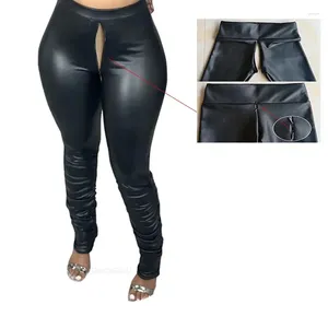 Women's Pants Stretch Bodycon Faux Latex Leggings Women Sexy Exotic Zip Open Crotch Slim Shiny Patent Leather Tousers Clubwear Custom