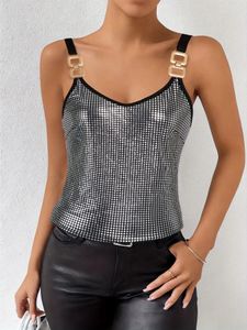 Silverkedjedetalj Bling Tank Top Casual Summer Metallic Sleeveless Womens Clothing 240528