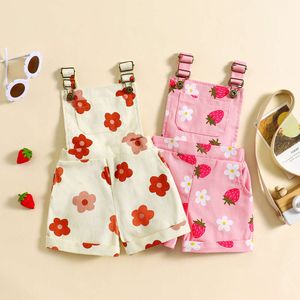 Focusnorm 0-6y Lovely Little Girls Denim Overalls Shorts ärmlös Flower/Strawberry Print Strap Jeans Suspender Outfit L2405