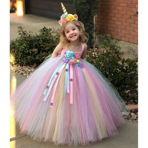 Flickor pastellblomma tutu barn virkade tyll rem bollklänning med tusensköna band barn fest kostym klänning