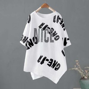 Nieregularna t-shirt T-shirt Summer Nowe damskie koreańskie okrągła szyja luźna blat odchudzka z dużą gorącą wyprzedaż