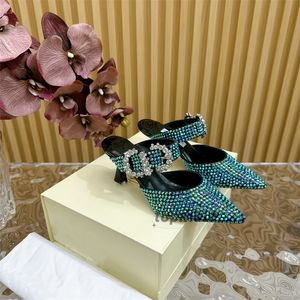 Nowy kolor Diamond Winted płytkie usta Rhinestones Bluśniacz z kapciami Baotou Summer Fashion Banquet Buty z pudełkiem 34-40