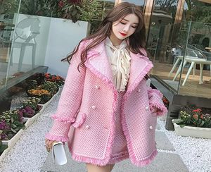 Pink Tweed Jacket Autumn Winter Women039s Jacket Coat Pearl Buckle fransad sida liten doft i Long Coat 2010144220895