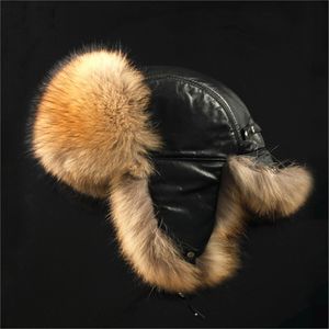 Męskie damskie prawdziwe lis futra i prawdziwy skórzany kapelusz Rosyjski Ushanka Winter Warm Aviator Trapper Bomber Bomber Earmuffs Cap 277V