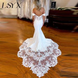 LSYX Elegant Offschuldner Schatz Crepe Meerjungfrau Hochzeitskleid 2024 Illusion Rücken Spitzengericht Zug Brautkleid Mitte gemacht